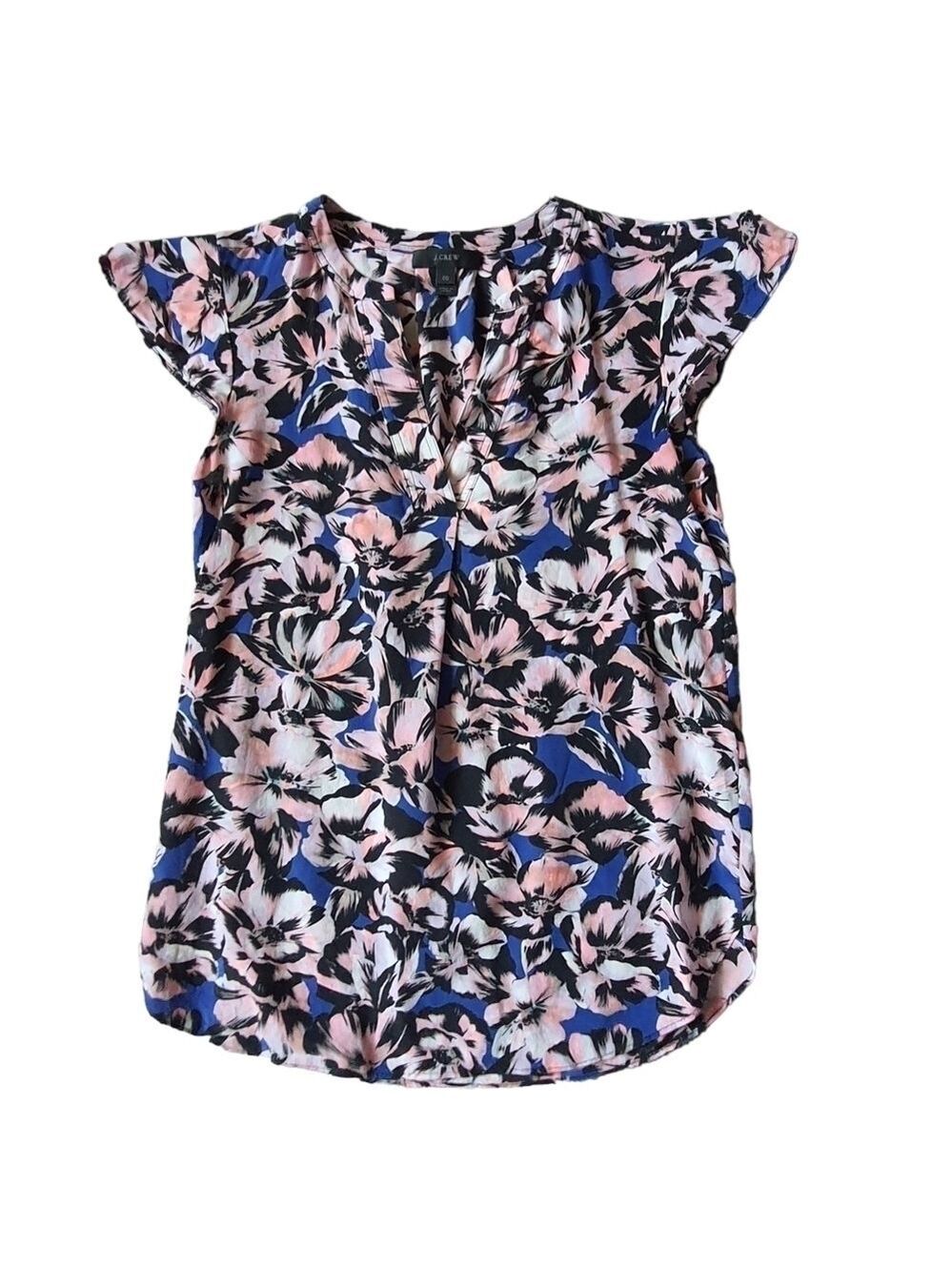 J. Crew Floral Print Top Flutter Cap Sleeve Blouse Blue Pink